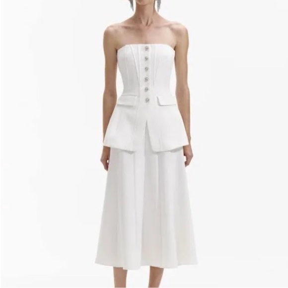 Self-Portrait Dresses & Skirts - Self-Portrait Strapless White Midi Dress with Button Front